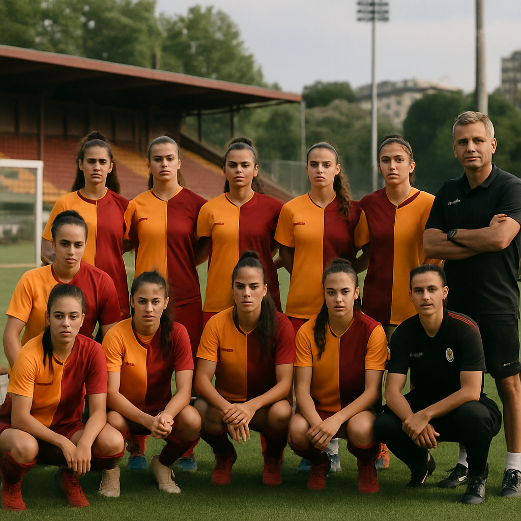 Galatasaray’s women’s football team and coach pose together on a training pitch, ready for