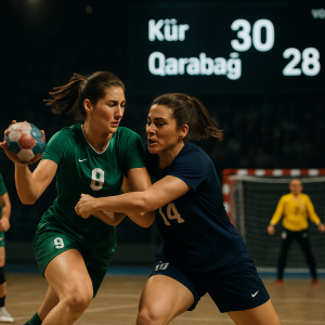 Kür and Qarabağ women’s handball players battle for the ball, with the scoreboard showing