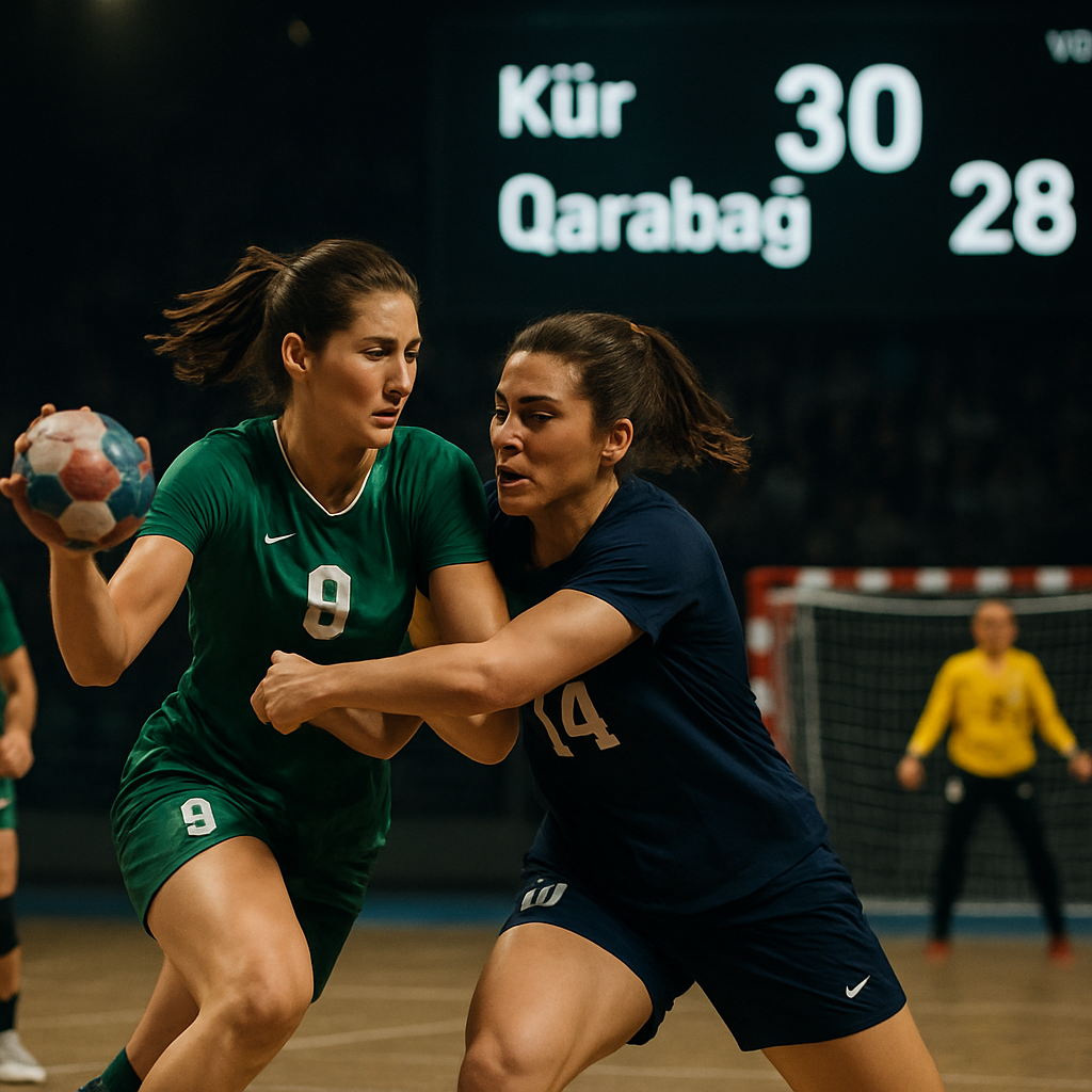 Kür and Qarabağ women’s handball players battle for the ball, with the scoreboard showing