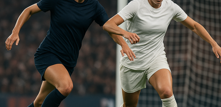 Two rival women footballers converge near goal during a World Cup match, evoking the