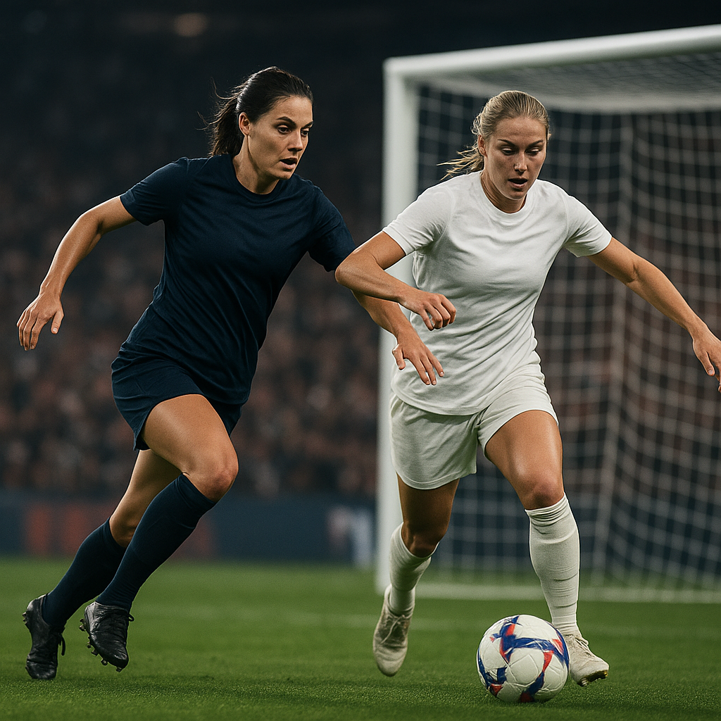 Two rival women footballers converge near goal during a World Cup match, evoking the