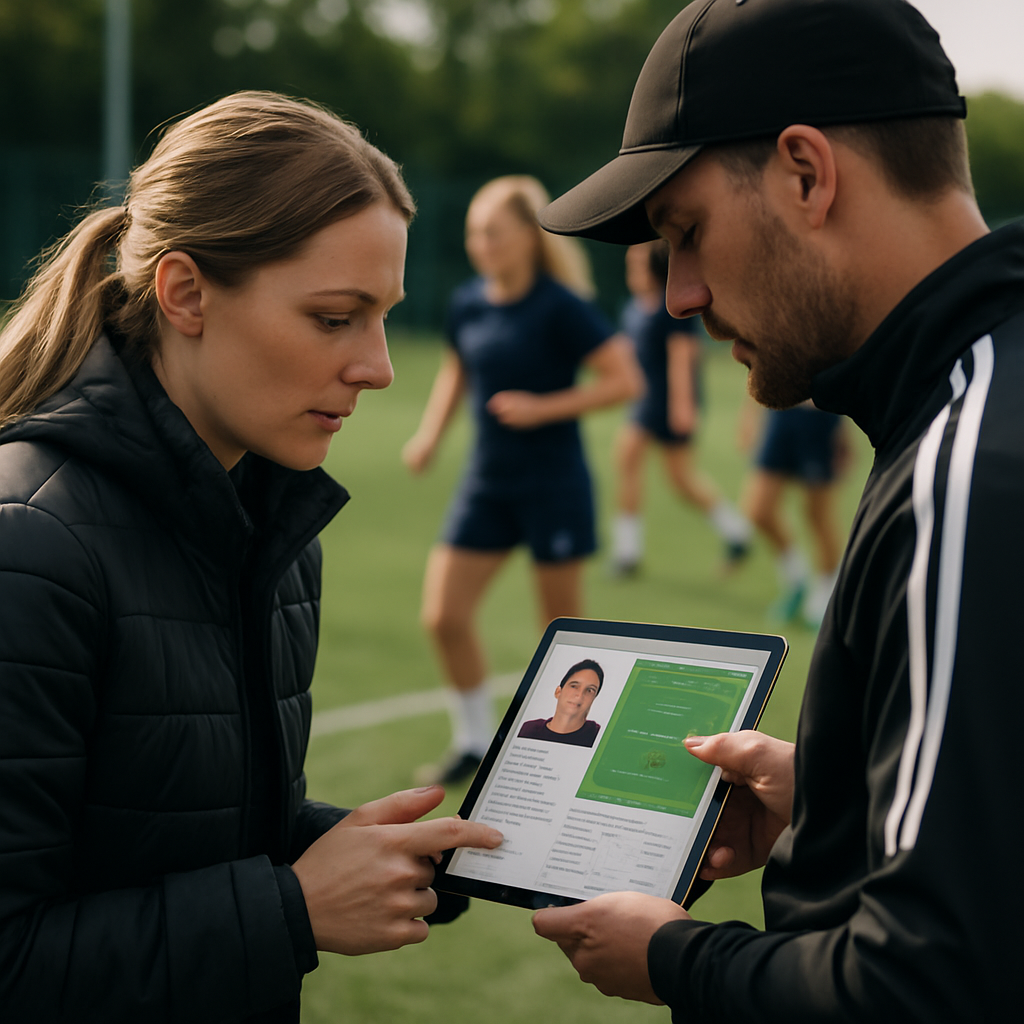 A coach and scout assess a women’s football player during training, considering her fit