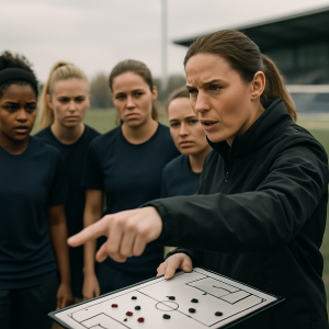 A women’s football coach outlines the team’s plan to attentive players during a training-ground