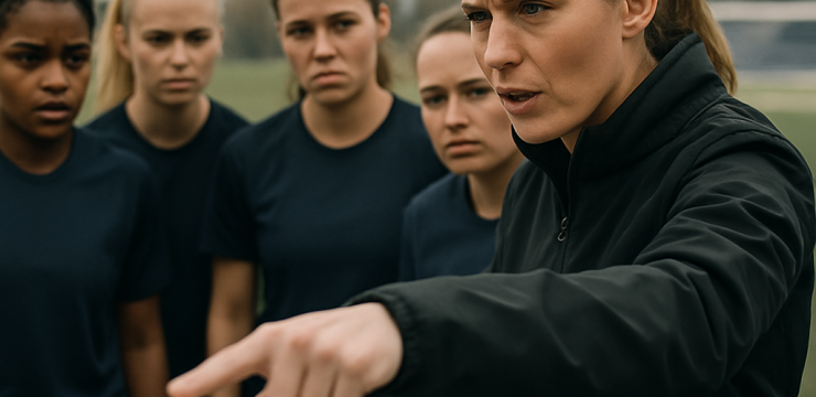 A women’s football coach outlines the team’s plan to attentive players during a training-ground