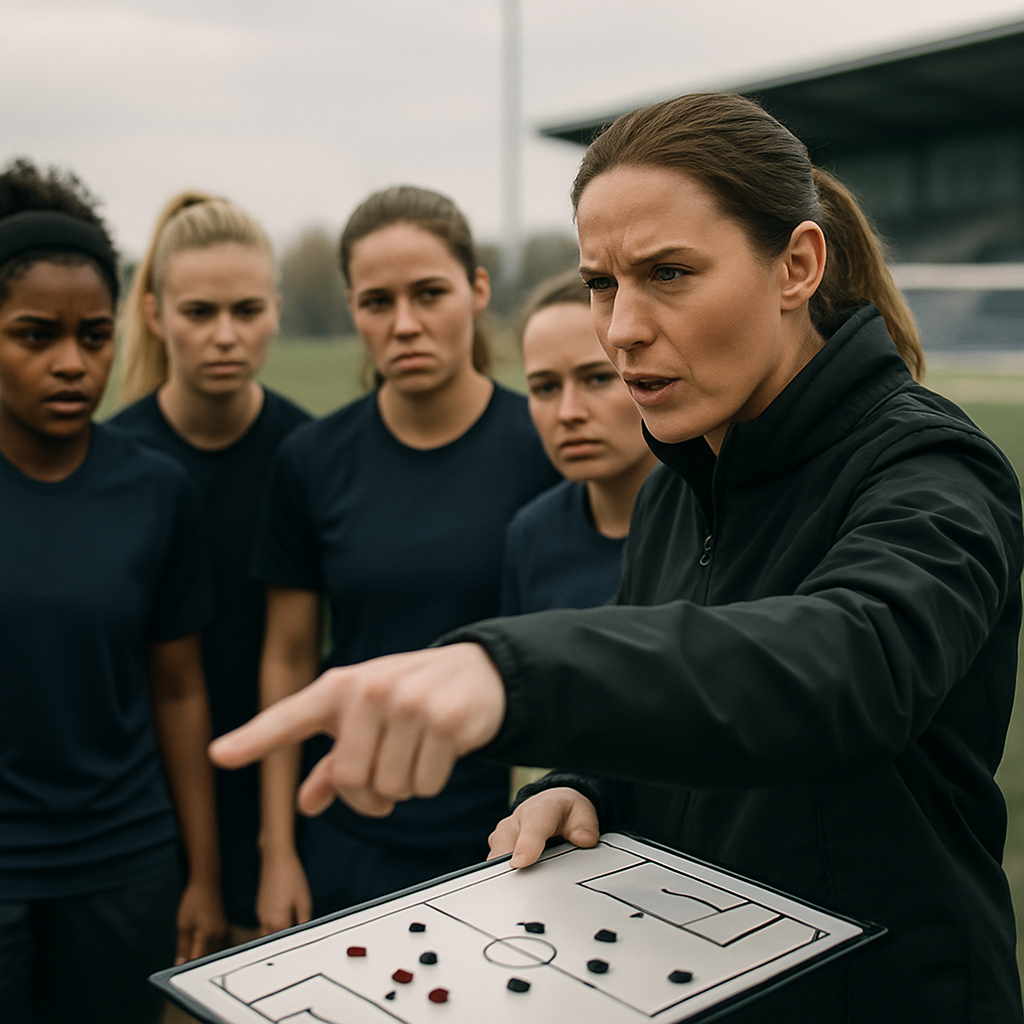 A women’s football coach outlines the team’s plan to attentive players during a training-ground