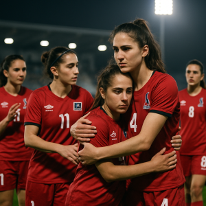 Azerbaijan women’s national team players celebrate their 1–0 win over the Faroe Islands at