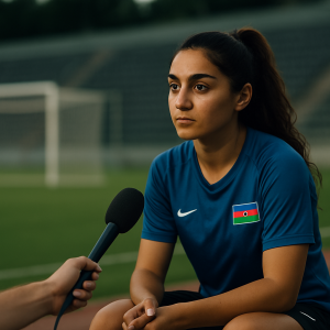 A women’s footballer speaks thoughtfully into a microphone beside the pitch after a match,