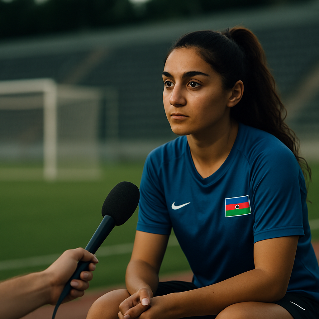 A women’s footballer speaks thoughtfully into a microphone beside the pitch after a match,
