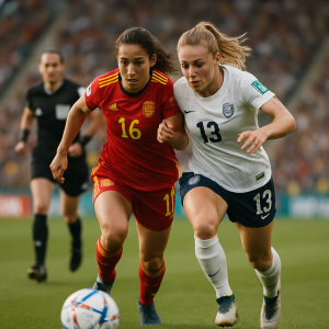 Two international women footballers race for the ball as a referee watches during a