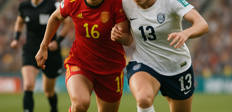 Two international women footballers race for the ball as a referee watches during a