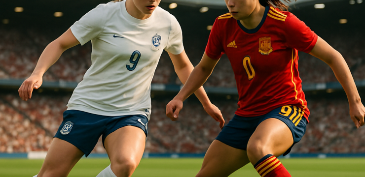 England and Spain women’s footballers contest the ball in a packed stadium ahead of