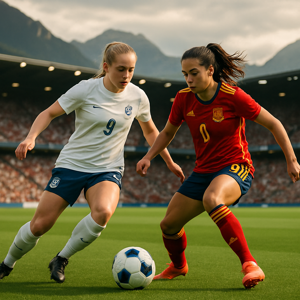 England and Spain women’s footballers contest the ball in a packed stadium ahead of