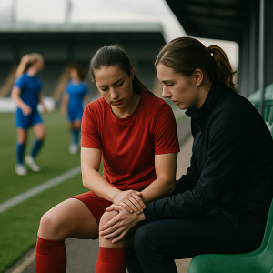 A women’s footballer discusses her recovery with a physiotherapist on the bench as teammates