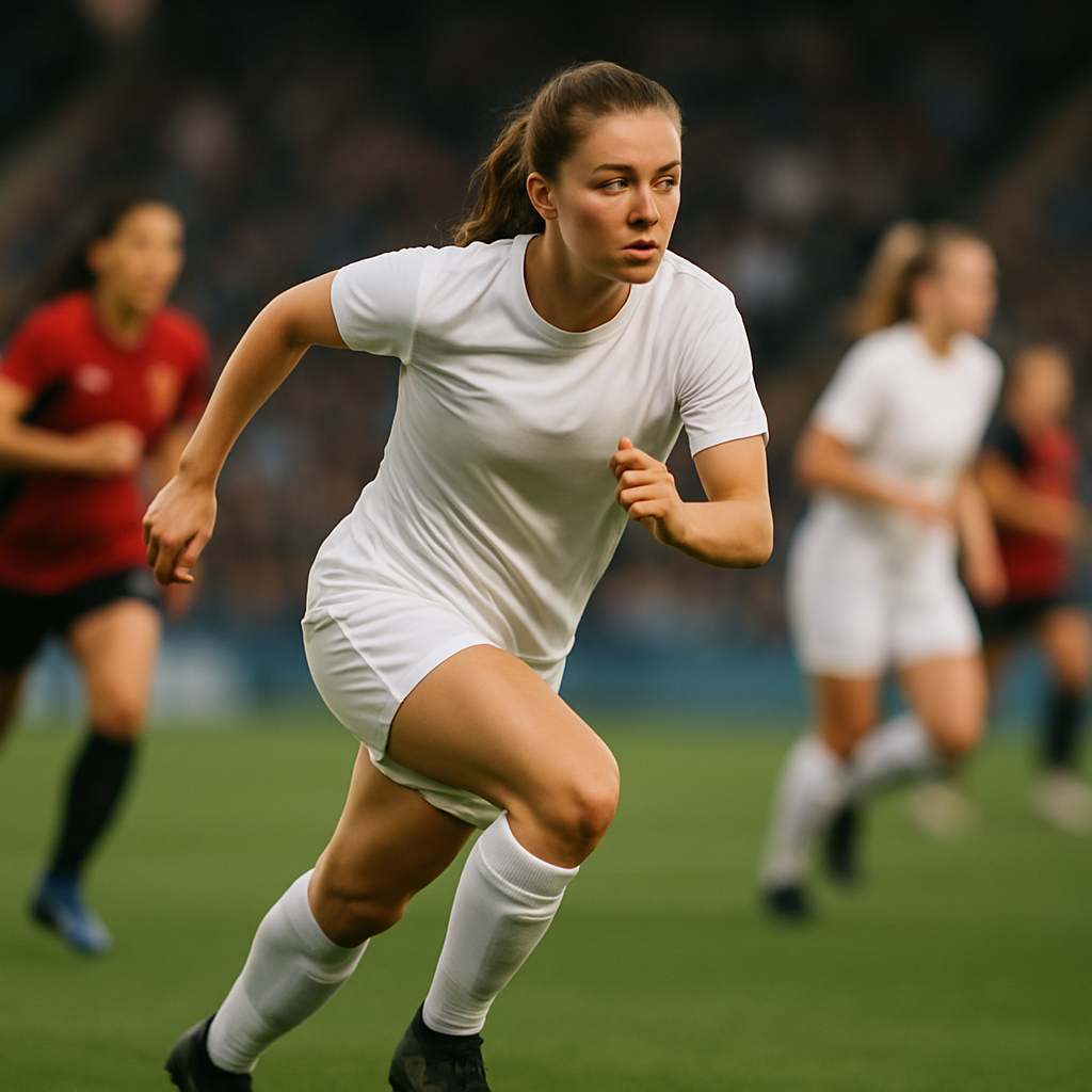 A young woman footballer scans the field and makes a composed off-ball run during