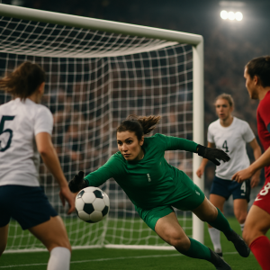 A women’s football goalkeeper dives to make a crucial save during a match.