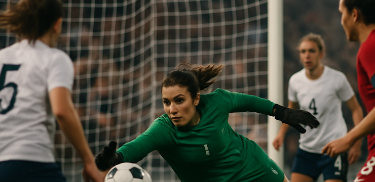 A women’s football goalkeeper dives to make a crucial save during a match.